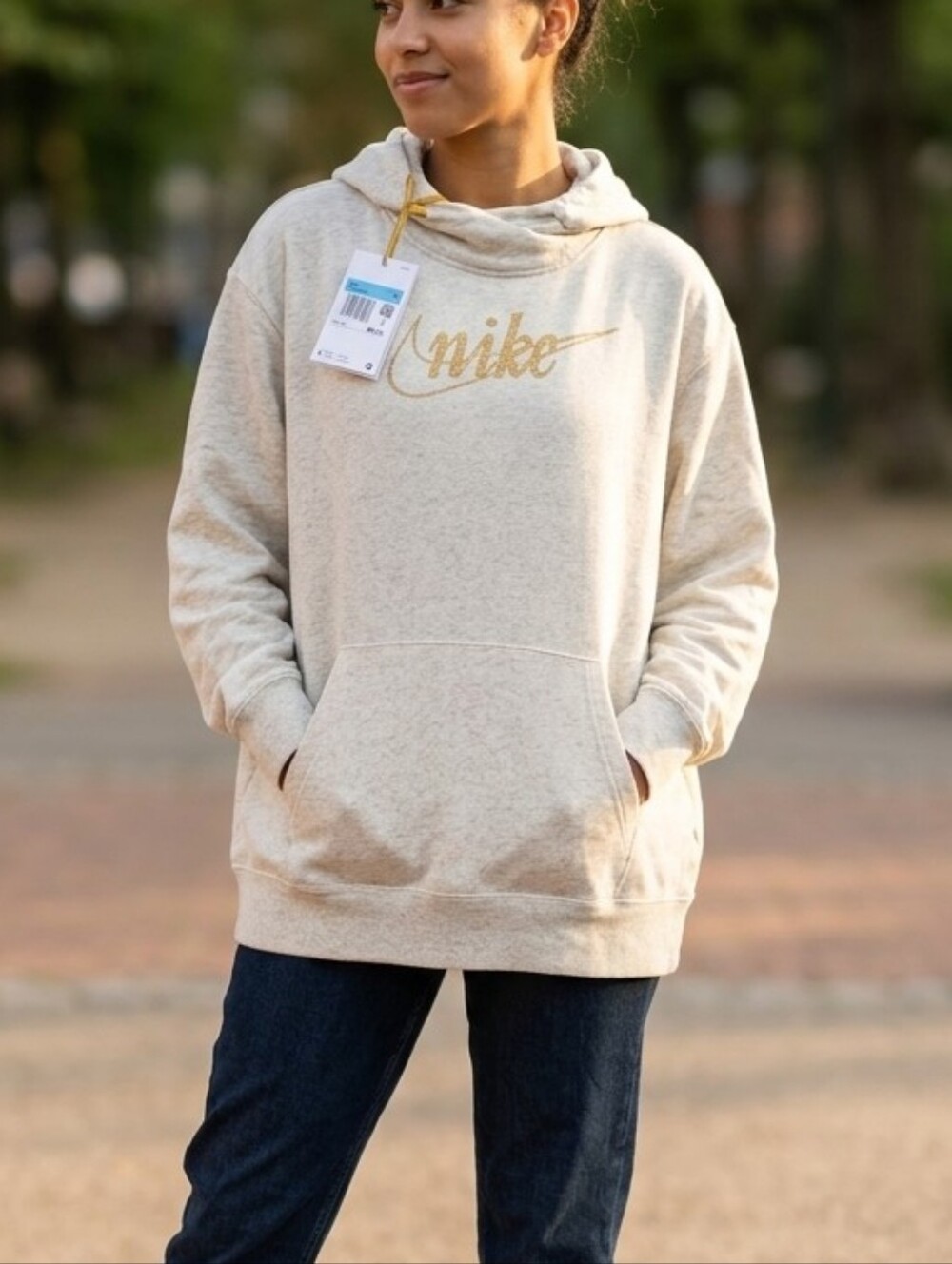 Nike Sportswear Hoodie NWT Women's Size 1X Plus Oatmeal Heather Gold Glitter Log